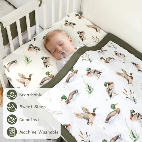 Image of Mallard Duck Baby Crib Bedding Set for Boys, 4 Piece Green Baby Bedding Include Crib Skirt, Comforter, Fitted Sheet, Diaper Stacker