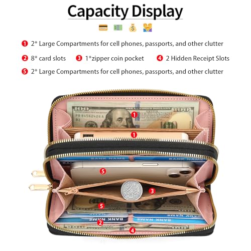 Image of RNIEGA Wallets for Women RFID Blocking Leather Women's Wallet Large Capacity Double Zip Wristlet Clutch | Credit Card Holder Ladies Phone Purse