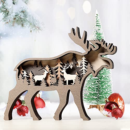 SWTYExt Elch Weihnachtsdeko Holz, Waldtiere Figuren Deko, 3D Kreative Wald Tier Dekoration, Adventskalender Geschenke Kinder, Vintage Skulptur Handwerk für Tischdeko Haus Wohnung Wohnzimmer (18x14cm) Cover