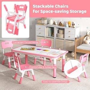 Costzon Kids Table and 4 Chair Set, Height Adjustable Toddler Desk and Chairs with Graffiti Desktop, Non-Slip Legs, Children Art Study Multi-Activity Table Set for Home, Daycare, School (Pink) Costzon Kids Table and 4 Chair Set Height Adjustable Toddler Desk and Chairs with Graffiti Desktop Non Slip Legs Children Art Study Multi Activity Table Set for Home Daycare School Pink
