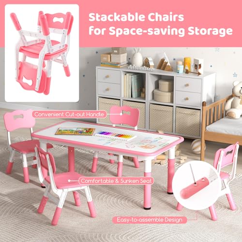 Costzon-Kids-Table-and-4-Chair-Set-Height-Adjustable-Toddler-Desk-and-Chairs-with-Graffiti-Desktop-Non-Slip-Legs-Children-Art-Study-Multi-Activity-Table-Set-for-Home-Daycare-School-Pink Costzon Kids Table and 4 Chair Set Height Adjustable Toddler Desk and Chairs with Graffiti Desktop Non Slip Legs Children Art Study Multi Activity Table Set for Home Daycare School Pink