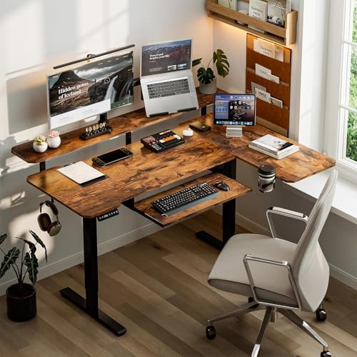 Image of Acrolix 59 inch L Shaped Standing Desk with Shelves Keyboard Tray,Rustic Brown