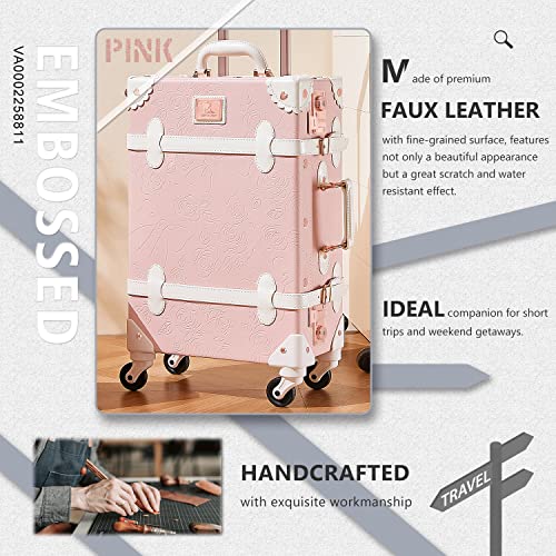Unitravel 2 Piece Vintage Suitcase Set, 26" Women Cute Travel Luggage with 12" Handbag, Hardside Faux Leather Spinner Trunk with TSA Lock (Embossed Pink)3