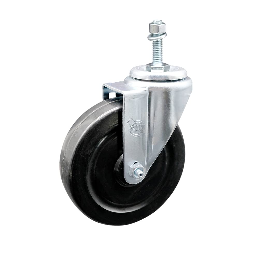 Hard Rubber Swivel Threaded Stem Caster w/5" x 1.25" Black Wheel and 3/8" Stem - 300 lbs Capacity/Caster - Service Caster Brand