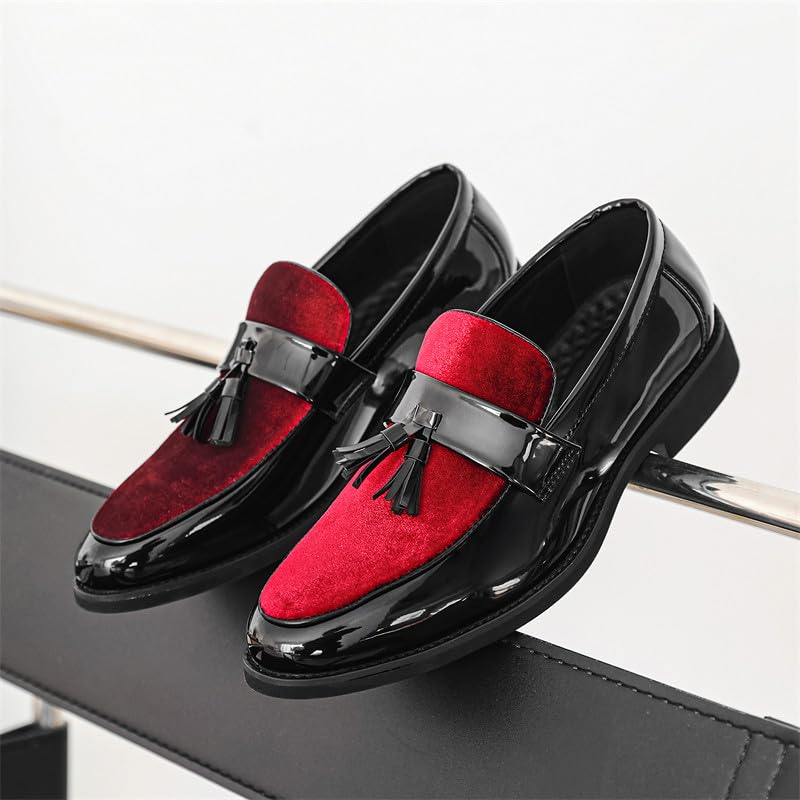 Santimon Men's Velvet Tassels Loafers Patent Leather Slip-On Formal Dress Shoes for Party Wedding Prom3