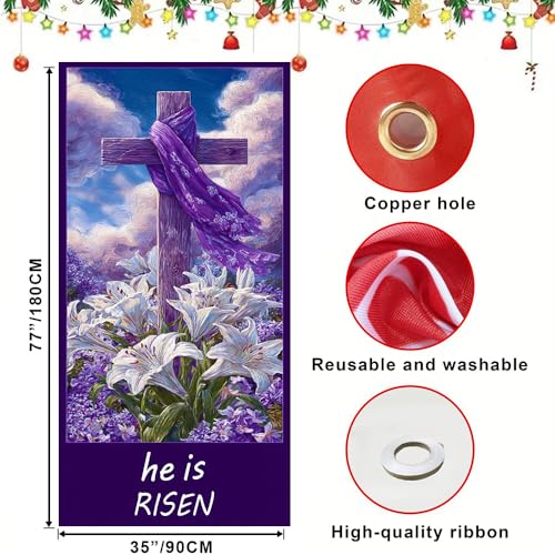 Image of Easter Door Cover He is Risen Cross Purple Lily Door Banner Scripture Easter Door Covers for Front Door Religious Easter Door Decorations 35x71 Inch