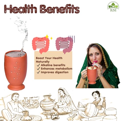 Image of KSI Earthen Clay Water Glass Set of 2 | 375 ml Mitti Drinking Glasses for Water Lassi Milk Coffee | Traditional Terracotta Drinkware | Reusable Kitchen Tableware