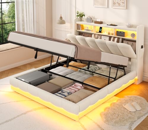 ADORNEVE Lift Up Storage Queen Bed Frame with Storage Headboard, Hydraulic Beds with Parallel Stroke, Boucle Upholstered Platform Bed with LED Lights,Charging Station, No Box Spring Needed, Beige