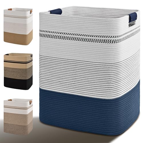 Image of Laundry Hamper, 75L Tall Laundry Basket with Leather Handles, Rectangle Large Clothes Hamper for Organizing, Cotton Woven Laundry Baskets Storage Hampers for Bedroom, Nursery, Living Room