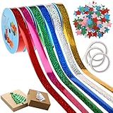 Suncalla 6 Rolls 22 Yard Ribbon for Gift Wrapping with 120 Glitter Star Sticker DIY Crafts Christmas Gift Wrap Accessories Glitter Iridescent Ribbon Kit for DIY Present Baskets Wrap Decor
