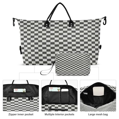 ​​Large Foldable Travel Duffel Bag, Waterproof Gym Bag for Men & Women, Carry-On Luggage Weekender Overnight Bag, Checkered Black White2