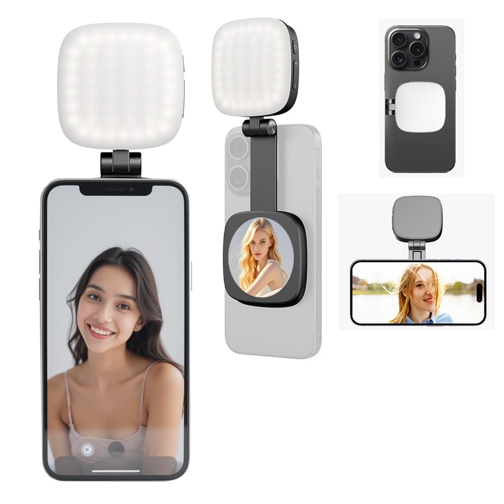 EPhemeralLuxe Magnetic Selfie Light, USB Rechargeable Phone Light with Mirror, Mag-Safe Compatible, for Selfies and Video Conference