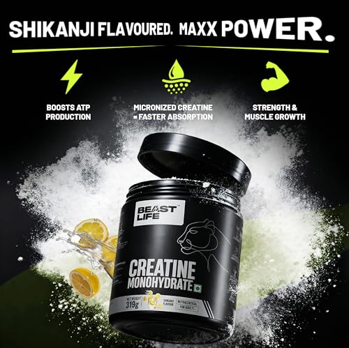 Image of BeastLife Micronised Creatine Monohydrate with Free Shaker | 319 g | 86 Servings | Shikanji | NABL Lab Tested | Rapid Absorption for Muscle Strength & Athletic Performance | Super Micronised Creatine Powder
