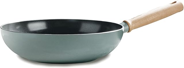 GreenPan Mayflower Healthy Ceramic Non-Stick 28 cm/3.7 Litre Wok, Vintage Wood Handle, PFAS Free, Induction, Smoky Blue