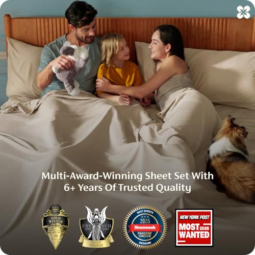Image of Bedsure King Size Sheet Set, Cooling Sheets, Rayon Derived from Bamboo, Deep Pocket Up to 16 inch, PureWoven, Breathable & Soft, Bed Sheets, Hotel Luxury Silky Bedding for Hot Sleepers, Beige