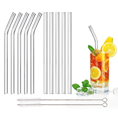 DONQL 10 Pcs Glass Straws Reusable Glass Straw Drinking Straws with 20cm Length Eco Friendly Transparent Clear Straws with 2 Cleaning Brushes for Milk Coffee Coctail(Curved & Straight)