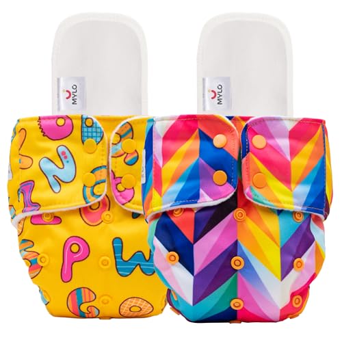Image of Mylo Leak-Proof Baby Cloth Diaper Combo (2 Diapers + 2 Inserts) | Free Size (3M-3Y) | High Absorption | Quick Dry | Oeko-Tex Certified | Washable - Rainbow & ABC