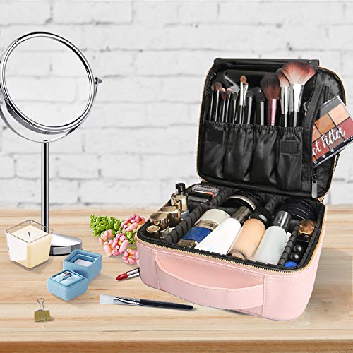 Bvser Travel Makeup Case, PU Leather Portable Organizer Makeup Train Case Makeup Bag Cosmetic Case with Adjustable Dividers for Cosmetics Makeup Brushes Women (Pink)