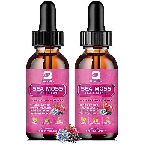 B BEWORTHS Sea Moss Liquid Drops - Black Seed Oil & Irish Sea Moss Gel with Burdock Root Bladderwrack, Elderberry, Spirulina, Seamoss Supplement for Immunity Booster, Digestive Health - 4 Fl Oz, Vegan Cover