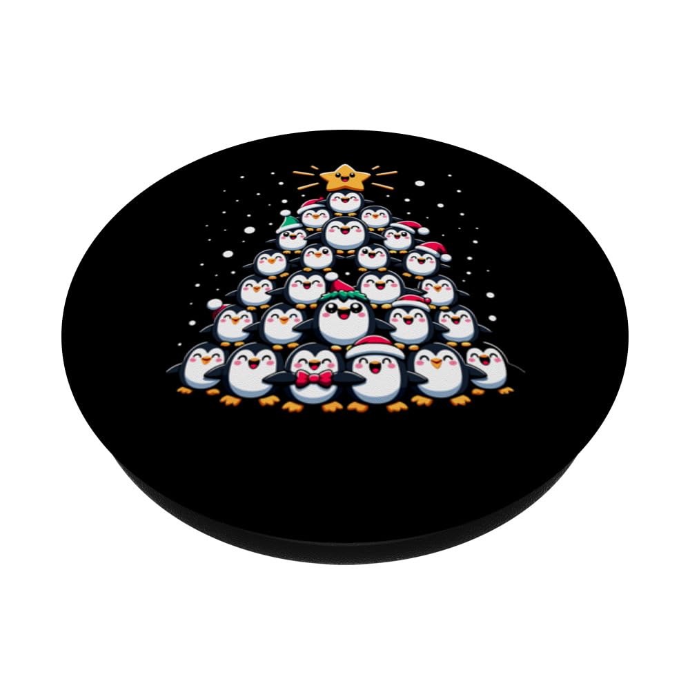 Penguins Christmas Tree Funny Penguins Xmas PopSockets Swappable PopGrip, Black - Image 2