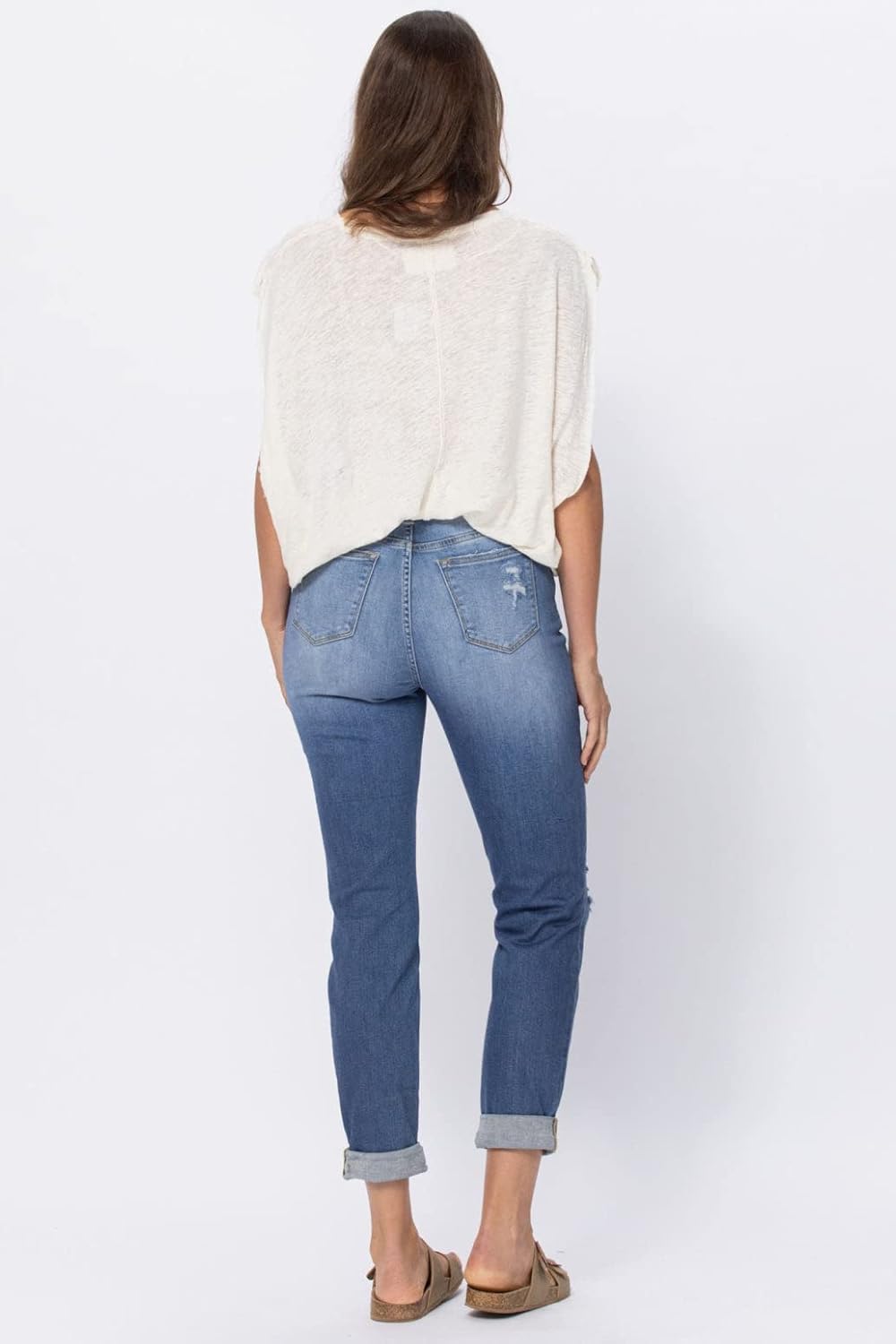 Judy Blue High Waist Cuffed Distressed Boyfriend Jeans - LT Blue - 25