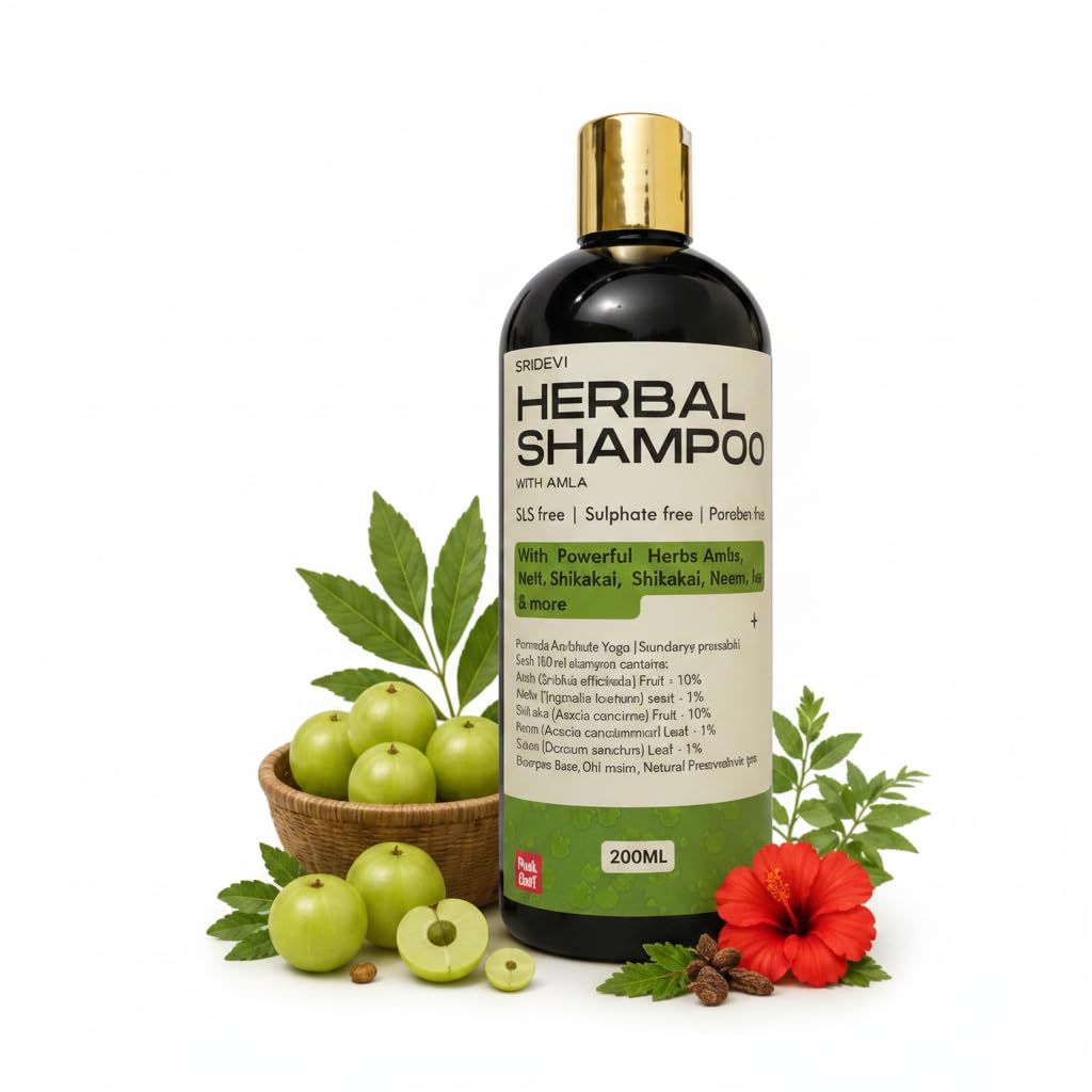 Sridevi Herbal Amla Shampoo | SLS Free, Sulphate Free, Paraben Free | With Powerful Ayurvedic Herbs Amla, Methi, Shikakai, Neem & Tulasi | Natural Hair Care (200 ML)-image-10