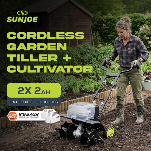 Image of Sun Joe 24V Cordless Garden Tiller Cultivator Kit with Battery and Charger for Weeding, Soil Aeration and Prepping Plant Beds, Black, 24V-X2-TLR14 | 24V Rechargeable Tilling Machine with Battery and Charger, Outdoor Power Tool for Lawn, Yard, and Gardening Care
