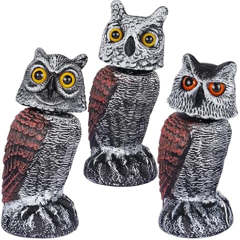 Hausse 3 Pack Bird Scarecrow Fake Horned Owl Decoy, Rotating Head Plastic Owl Bird Deterrents, Nature Enemy Horned Pest Repellent for Outdoor Garden Cover
