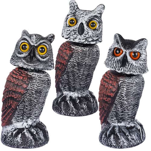 Hausse 3 Pack Bird Scarecrow Fake Horned Owl Decoy, Rotating Head Plastic Owl Bird Deterrents, Nature Enemy Horned Pest Repellent for Outdoor Garden