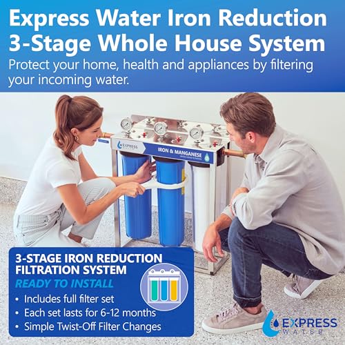 Image of Express Water Whole House Water Filter System | IRON & MANGANESE | 3 Stage Full Home Filtration, Top-Tier Filters Removes Stains /Color on Glass-Ware, Fixtures, Laundry, Signf. Reduces Lead & Arsenic