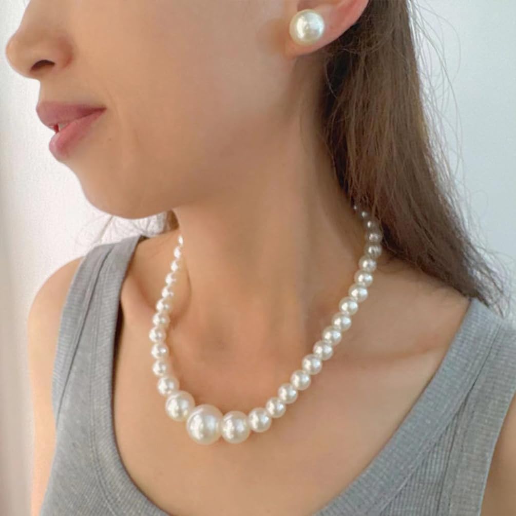 Statement Big Pearl Necklace Stud Earrings Jewelry Set for Women Trendy, Cute Beaded Chunky Pearls Studs Earring Choker Necklaces Party Jewelry Gifts - Image 6