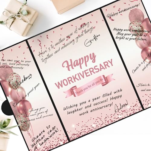 Image of DARUNAXY Rose Gold Happy Workiversary Party Decorations, Happy Work Anniversary Alternative Signature Guest Book for Women Pink Employee Business Gifts Signing Card Board for Office Supplies