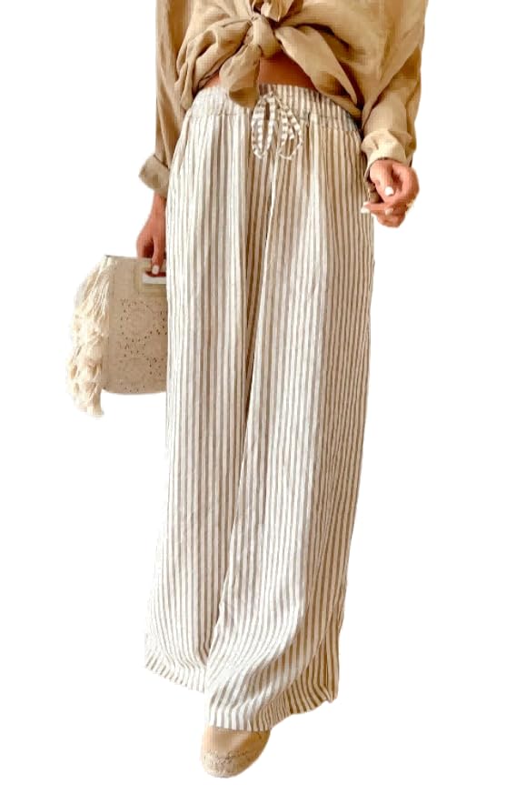 Womens Casual Pants Loose Wide Leg Drawstring Elastic High Waisted Striped Trendy Elegant Autumn Trousers with Pockets