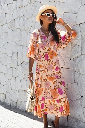 Image of miduo Womens Loose Fit Casual Summer V Neck Half Sleeve Bohemian Geometric Pattern Maxi Long Dresses