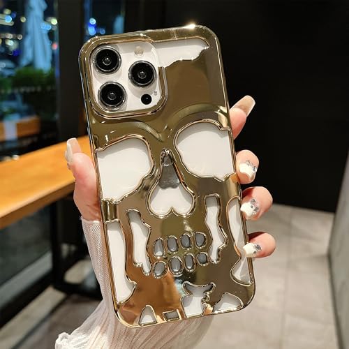 Image of Kraptick Polycarbonate iPhone 16 Pro Case - Electroplated Skull Face Design Mobile Cover, Stylish & Durable Phone Cover, Lightweight Protective Fit for Apple iPhone 16 Pro -(Gold)