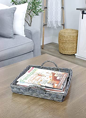 Auldhome Rustic Willow Basket Trays, Set Of 3 (Square, Gray Washed); Natural Wicker Decorative Farmhouse Trays #TOP5