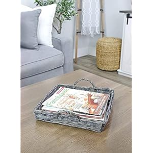 AuldHome Design Rustic Willow Basket Trays Set of 3 Square Gray Washed Natural Wicker Decorative Farmhouse Trays