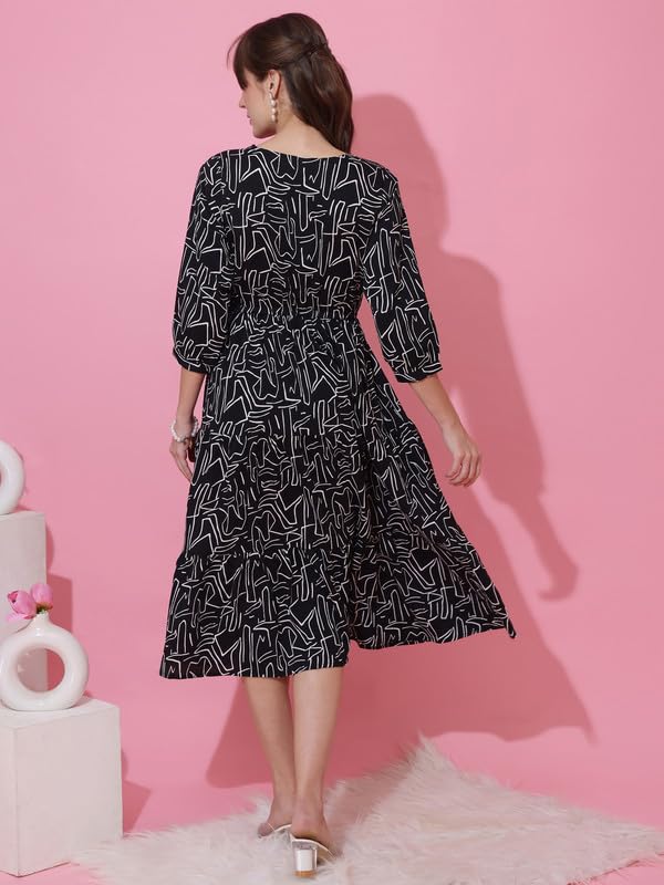 Image of Sheetal Associates Women's Casual 3 /4 Sleeve Crepe Fit and Flare Dress| Comfortable Relaxed Fit Summer Party Dress