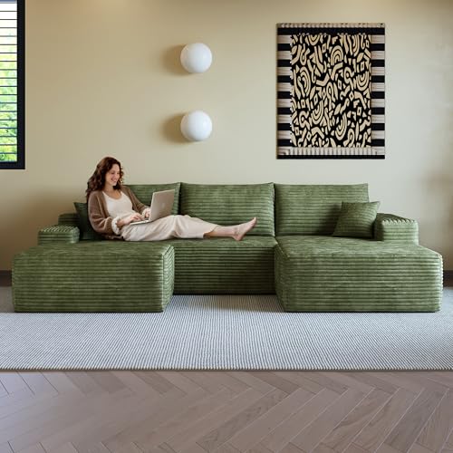 Image of 108 inch Sectional Couches for Living Room Cloud Couch Sofa with L-Shape Upholstered Boneless Couchs Modern Modular Sectional Couch with Chaise (Green, 108 inch Left Facing Chaise+2Seaters+1Ottoman)