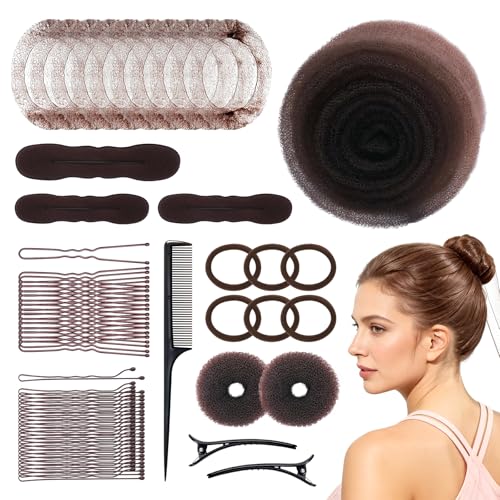 125Pcs Hair Styling Accessories Set, Donut Hair Bun Maker Set, Hair Sponge for Updo, 10 Hair Nets for Buns, 50 U-shaped Pins, 50 Bobby Pins, Hair Ties, Ballet Dance Stuff for Ballet Girls Women, Brown