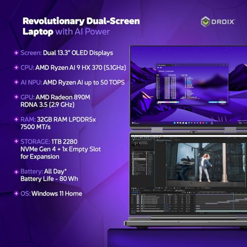 Image of GPD Duo Dual-Screen Laptop: 13.3 inch OLED Displays, AMD Ryzen AI 9 HX 370, 32GB RAM, 1TB SSD, Stylus Support, 10-Point Touch, 4096 Pressure Levels, Dual 360 Hinge, AI PC