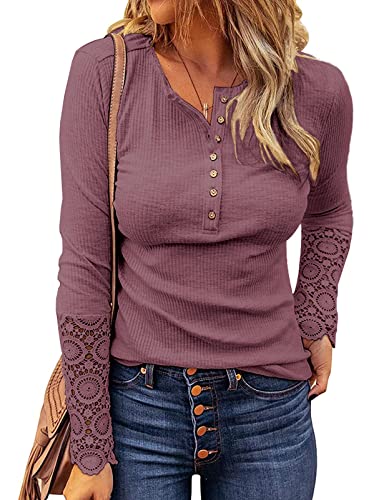 Image of Kancystore Women's Long Sleeve Tops Lace V Neck Button Down Henley Shirts