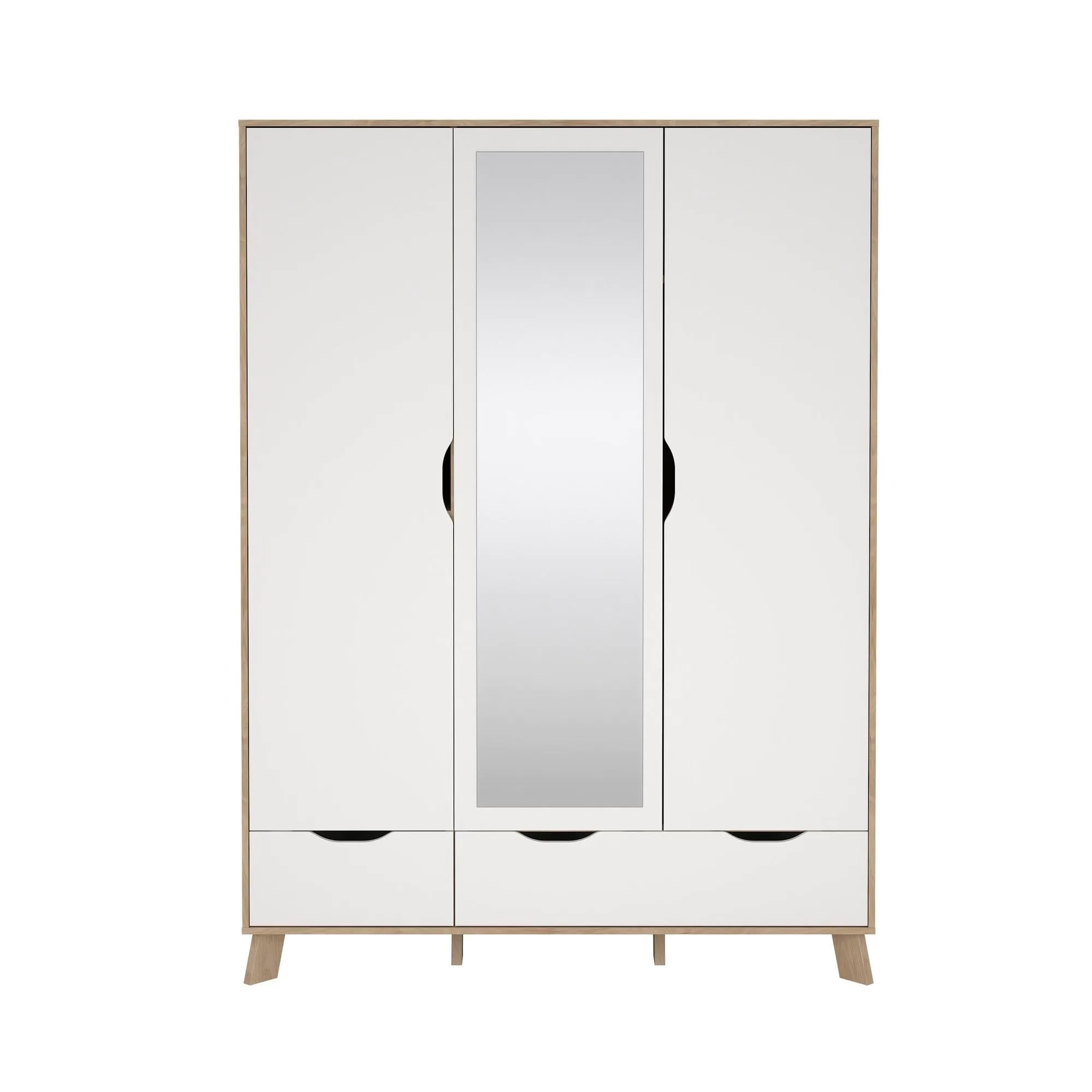 Bissolo Casa Armadio Moderno con 3 Ante, 1 Specchio, 2 Cassetti, 147,2x58,1x201 cm, Hickory Jackson e Bianco Opaco