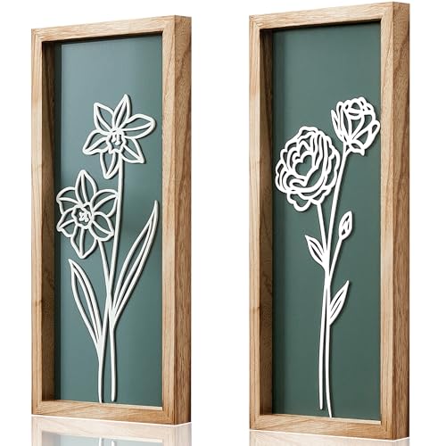 HKBS 3D Wooden Floral Wall Art, Set of 2 Framed Flowers Wall Art Sculptures, Boho Farmhouse Minimalist decor for Bathroom, Bedroom, Living Room, Kitchen or Office Wall Decorations Housewarming Gifts (Green)
