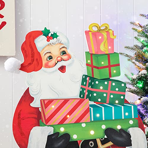 Image of Glitzhome 36 inch H Lighted Christmas Santa with Gifts Porch Sign Wooden Standing Santa Porch Decor Rustic Merry Christmas Welcome Sign Holiday Party Outdoor Indoor Xmas Decorations