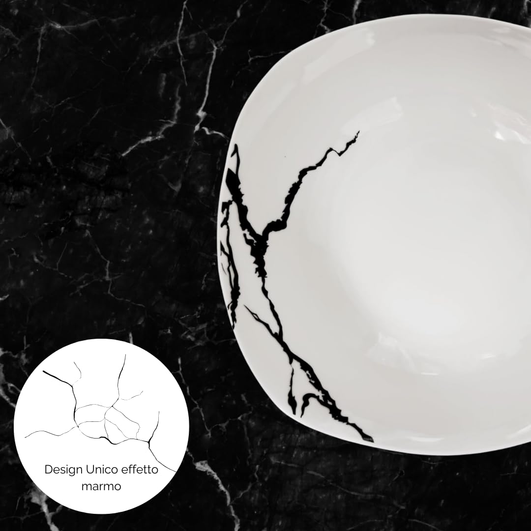 Servizio Piatti 38 Pezzi Per 12 Persone | Resistente Porcellana Bianca e Nera Design Moderno Marmorizzato Elegante Raffinato | Uso Quotidiano, Occasioni Speciali, Lavabile in Lavastoviglie