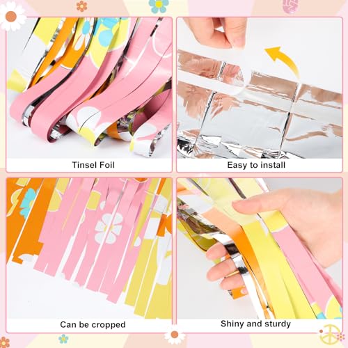 Image of WovWeave 2 Pack Groovy Party Decoration 3.3 x 6.6 ft Groovy Foil Fringe Backdrop Orange Yellow Pink Tinsel Curtains Hippie Boho Photo Booth Props for Retro Boho Hippie Birthday Party Decor