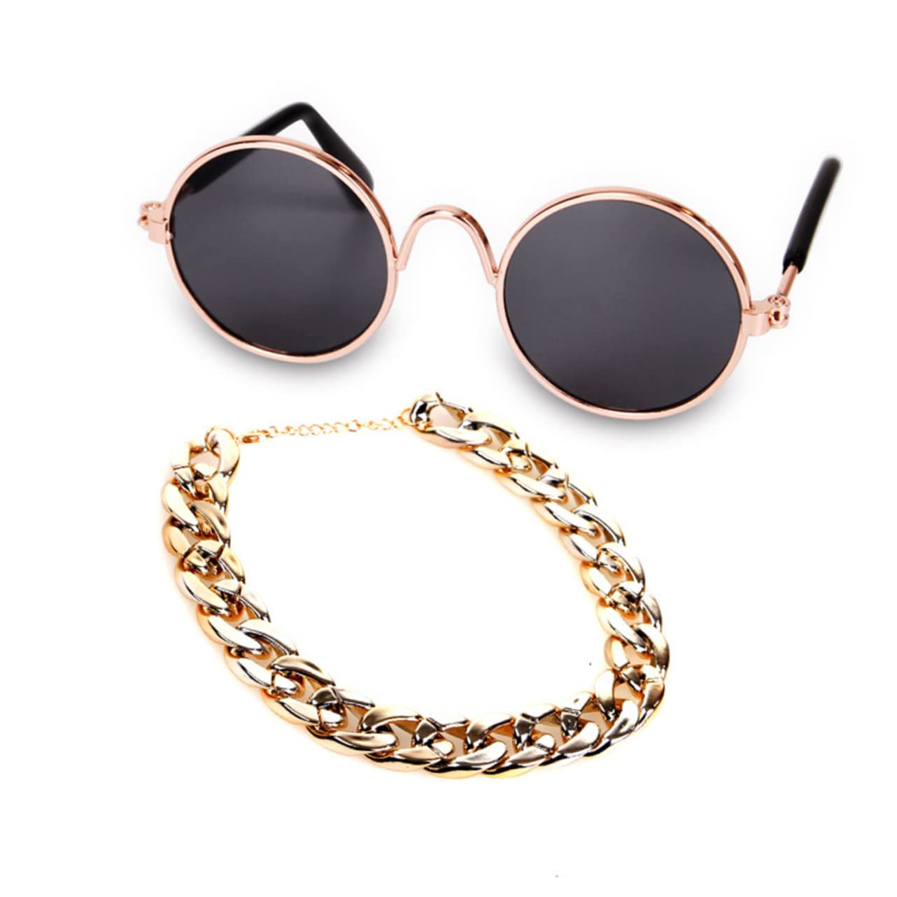 FONDOTIN Unique Pet Fashion Set 3pc Dog Cat Accessories: Sunglasses Retro Gold Necklace