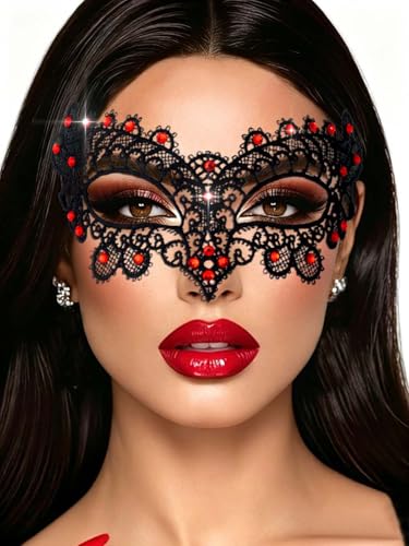 Flimire Black Masquerade Mask for Women Shiny Crystal Lace Mask Prom Ball Party Face Masks Halloween Costume Masks (Red)