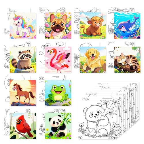 Zynlio Animal 12 Packs Pre Drawn Canvas to Paint Pre Printed Canvas for Painting Pre Stretched Canvas Outline Painting Boards for Beginners Students Party Favors
